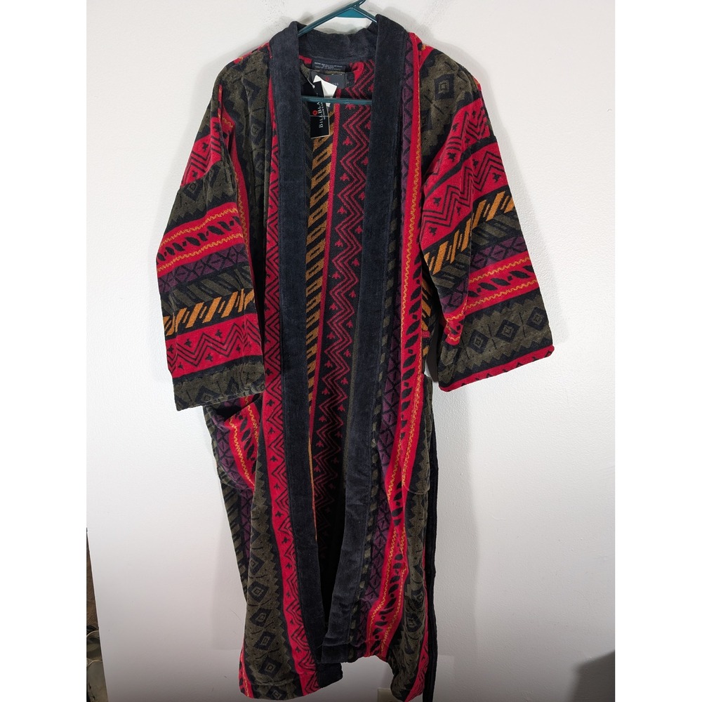 Bill Blass Menswear One Size Robe New Cotton Terry Southwestern Geometric Red